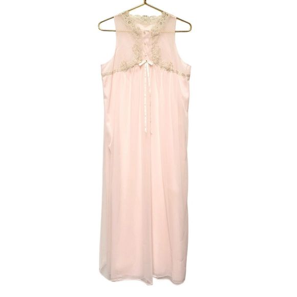 Vintage Gossard Artemis Long Nightgown Pink Size Medium Chiffon Nylon Lace Sheer - Picture 1 of 9